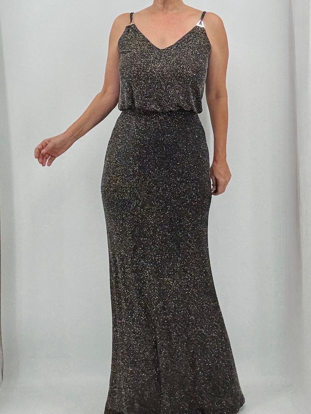 Calvin Klein Retro 70s Disco Groovy Sparkle Glitter Metallic Party Maxi Dress